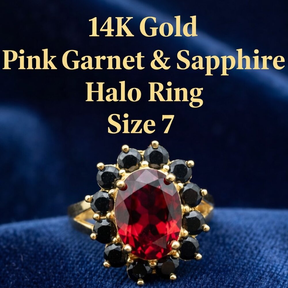 14K Gold Pink Garnet & Sapphire Halo Ring - Size 7